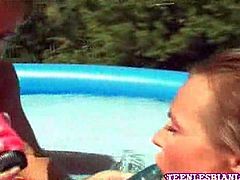 These sexy lesbian teens have brought their favorite toys to the pool. They suck on their sweet pussies and toy them for nice orgasms!