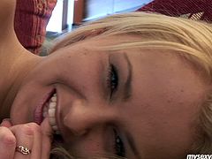 Playful blond babe demonstrates her mind taking body covered with pink bikini before she starts stroking her cunt and later pounding it with a dildo in peppering sex clip by My Sexy Kittens.