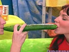 Horny lesbian chicks having fun with putting whip cream on a pussy! Then she got it licked and they suck on a huge cucumber!