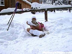Christine gets horny while skiing so she strips right there and then. She inserts big cold dildo in her hot vagina poking it actively. Kinky video of solo masturbation action by My Sexy Kittens studio.