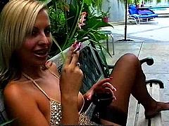 Smoking blonde shows of her cunt in public and starts masturbating like naughty