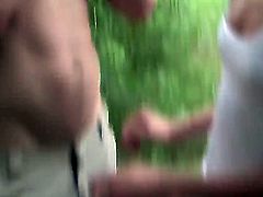 Skinny young babe Tiffany sucks a huge meat pole in the woods before getting nailed