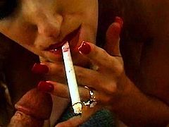 Smoking and feeling hard cock in her mouth makes blonde babe to turn wild