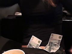 Pretty blonde babe Stacy in black blouse has fun in restaurant and goes to toilet to gives quick blowjob to dirty stranger in point of view for some cash.
