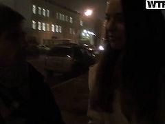 Pretty brunette walks out of a restaurant with her boyfriend to give him a nice blowjob.