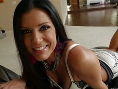 India Summer is a danegerously beautiful milf. Long haired brunette with charming smile gets interviewed in front of the camera. This clothed lovely milf is a breathtaker.
