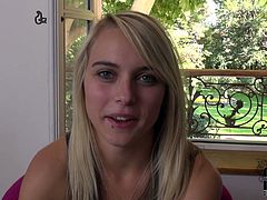 Mesmerizing blond amateur gets naked in front of perverse dude with a cam before she shows off her round ass bending over a chair. Later she rubs her cunt with fingers in solo sex scene by DDF Network.