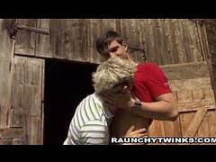 See this hot blonde stud getting his mouth and ass banged hard in the farm by a muscular brunette country boy.