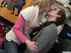 This blondie wanders along the streets with the hope to seduce any dude, cuz she hasn't been fucked for a while. Spoiled nympho gets seduced and taken home by horny guy. He takes off her jeans and top. Pale titless nympho spreads legs wide and gets her wet juicy pussy fingered and licked right on the chair.