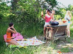 Handsome female football team coach is training girls on a field outdoor. They all later have a picnic outdoor. Girls drink much alcohol so guys plan to screw them in group sex action.