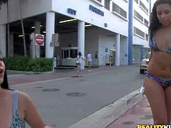 These amateur bikini-clad babes with juicy tits and asses are cash hungry and ready to play crazy games in the streets of Miami for money. Watch hot brunettes do it to earn some cash.