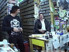 Curvy brunette whore shows off her slender body while sitting totally naked in front of horny dudes in grocery store what literary drives them crazy in gangbang sex video by Pornstar.