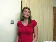 She is trashy chick with ugly smile. She lifts up her red T-shirt squeezing her appetizing tits. Then she reveals hard stick out of BF's jeans stroking it actively. Denise wraps the dripping tip with her tender lips giving hot blowjob in POV.