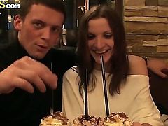 A sexy brunette sucks her boyfriends cock and later banged hard in a restaurant toilet