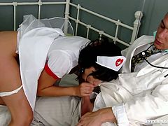 Salacious brunette Renata Black is having fun with two dudes in a hospital ward. She sucks their cocks ardently and then enjoys awesome long-lasting DP.