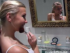 Two girlfriends head to the bathroom together. One of them puts a make up on, while another chic takes a shower arousing another bitch with her steamy body. As soon as she gets out, she welcomes a zealous tongue fuck of her unused pink pussy and later hard drill with dildo in peppering lesbian sex clip by My Sexy Kittens.