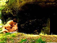 These Euro teens have chosen a secluded place from a large park to fuck. She warms him up with a blowjob.