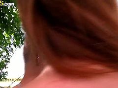 Hot blonde Alice fucked hard outdoors by his boyfriend as she holds on tight to the car seat