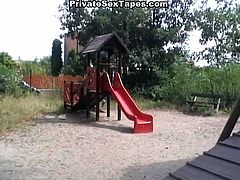Kinky girlfriend gets down and dirty with her boyfriend outdoors in a playground. She sucks his cock and then gets her shaved snatch nailed.