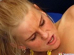 After giving a tit fuck with her firm tits, spoiled blond Russian amateur gets pounded in sideways pose before she switches to doggy style to get anal fucked with pressure.