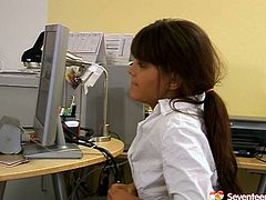 Just look at this slim brunette secretary. This chick in short skirt and too tight white blouse is the way too mad about sex. Horn-mad nympho lures her boss for sex. She spreads legs wide and lets him rub her wet pussy right in the office.