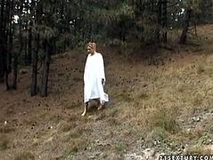 Almost titless blondie masturbates in the woods and lures a dude for sex