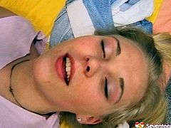 Fresh faced blond Russian amateur gives thorough blowjob to strain dick climbing on a horny dude in pose 69 before he takes her in doggy style in sultry sex video by Seventeen Video.