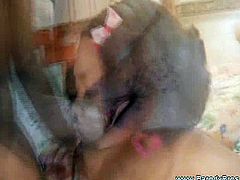 Funny sex scene from ebony couple. She sucks on the massive black cock and wants it deep into her chocolate twat for a huge cumshot!