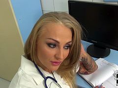 Enjoy busty tattooed nurse who plays with dick of one patient. She likes it hotter and sends his tool deep in her throat. Watch busty blonde in nurse uniform for free.