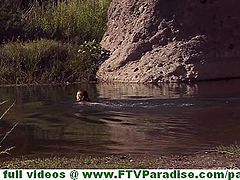 Shelbie cute brunette slut with big natural tits swimming naked in lake and toying pussy outdoors
