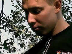 European babe with ponytails is pleasing her coochie chilling in the public park. Horny dude joins her to please her lust. So she greedily sucks his dick deepthroat. Hot outdoor quickie scene presented by Seventeen Video.