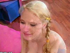 This charming blonde with pigtails gets down on her knees and opens her mouth wide for a stiff cock to penetrate her throat.