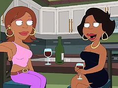 Cleveland is back in Quahog visiting Peter, and his wife has invited over a bunch of her friends. Donna Tubbs has wine with her friends and then they all get naked and have a lesbian gang bang. White, black and Asian ladies are feeling tits and eating pussy in this hardcore cartoon scene.