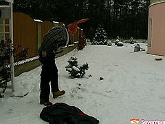Filthy Russian cutie is not afraid of gynecological problems as she gets lured right outdoor in snowy weather. She stands in doggy position with naked asshole to get her cunt pounded from behind until a horny man jizzes on her hand.