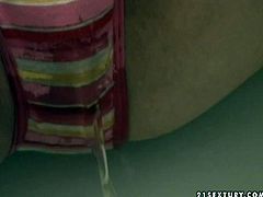 Naughty amateur hooker is getting her pussy pleased through cotton panties. Then she gives awesome blowjob sitting down on her knees. Later she is pissing still having her panties on.