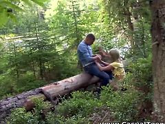 Check out these horny hitchikers having fun in the woods. She deepthroats his massive cock then takes it deep up her tight snatch!