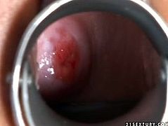 I guess this arousing blond fairy is having her period as you can see it through gynecological speculum, however it doesn't stop her from steamy masturbation with a dildo in sultry solo sex video by 21 Sextury.