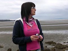 Kinky nerdie brunette in top and jeans is on the beach. This bitchie chick in glasses seeks for a chance to suck a tasty dick. Pierced harlot meets a man and doesn't hesitate to suck his delicious lollicock for gooey sperm.