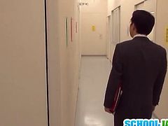 Watch the Naughty Japanese brunette schoolgirl Rui Tsukimoto getting her hairy cunt dildoed into kingdom come by a horny stud in a locker room.
