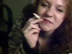 Fugly brownhead bitch is smoking in front of the camera before sucking meaty cock in POV. Watch her working her mouth hard in steamy amateur sex video presented by PornStar productions.