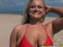 Blonde stunner oils up her big natural tits & gets slammed