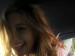 Pretty blonde teen Chrissie Summer with whorish french manicure and cheep tattoos on lower belly gives head to Tyler Steel in the car and gets boned in point of view.