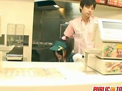 Japanese cashier Miku gets violated in public. Her customer takes advantage of her hairy pussy in this public fucking encounter.