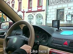 Obscene slag Natali Blue takes a ride in a taxi and pays the driver by sucking his hard cock