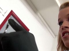 Perverse blond hottie stimulates hard penis of horny dad with her hands