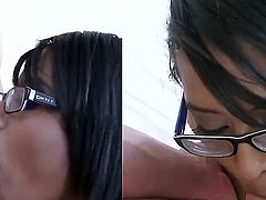 Tempting innocent looking ebony teen Diana Love with cheep tattoo on boob and nerdy glasses gets shaved cunny boned deep by pale mature dude and gives him head in close up.