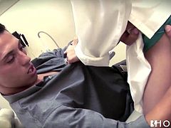 Portuguese goddess Erica Fontes is a top notch dentist with a thriving practice. One of her regular patients comes in for a check up and he gets some x rays done. The cute blonde dentist rips his clothes off and fucks him. She sucks on his rock hard cock nice and fast and then they kiss like crazy.
