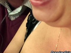 Check out this horny bbw mature having fun with a younger boy. She takes his pants off and starts deepthroating on the stiff white meat!
