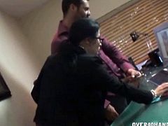 Persia Minor and Tatiana Petrova catch John jerking his oversized rod. The two horny housewives are so turned on, they decide to help him jerk off and tweak their twats together as he finishes himself off.