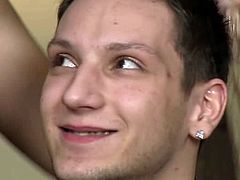 A sexy chick puts a blindfold on a guy's eyes. Another man comes into the room and starts sucking his cock. He's too horny to stop when he discovers his cock is in a man's mouth.